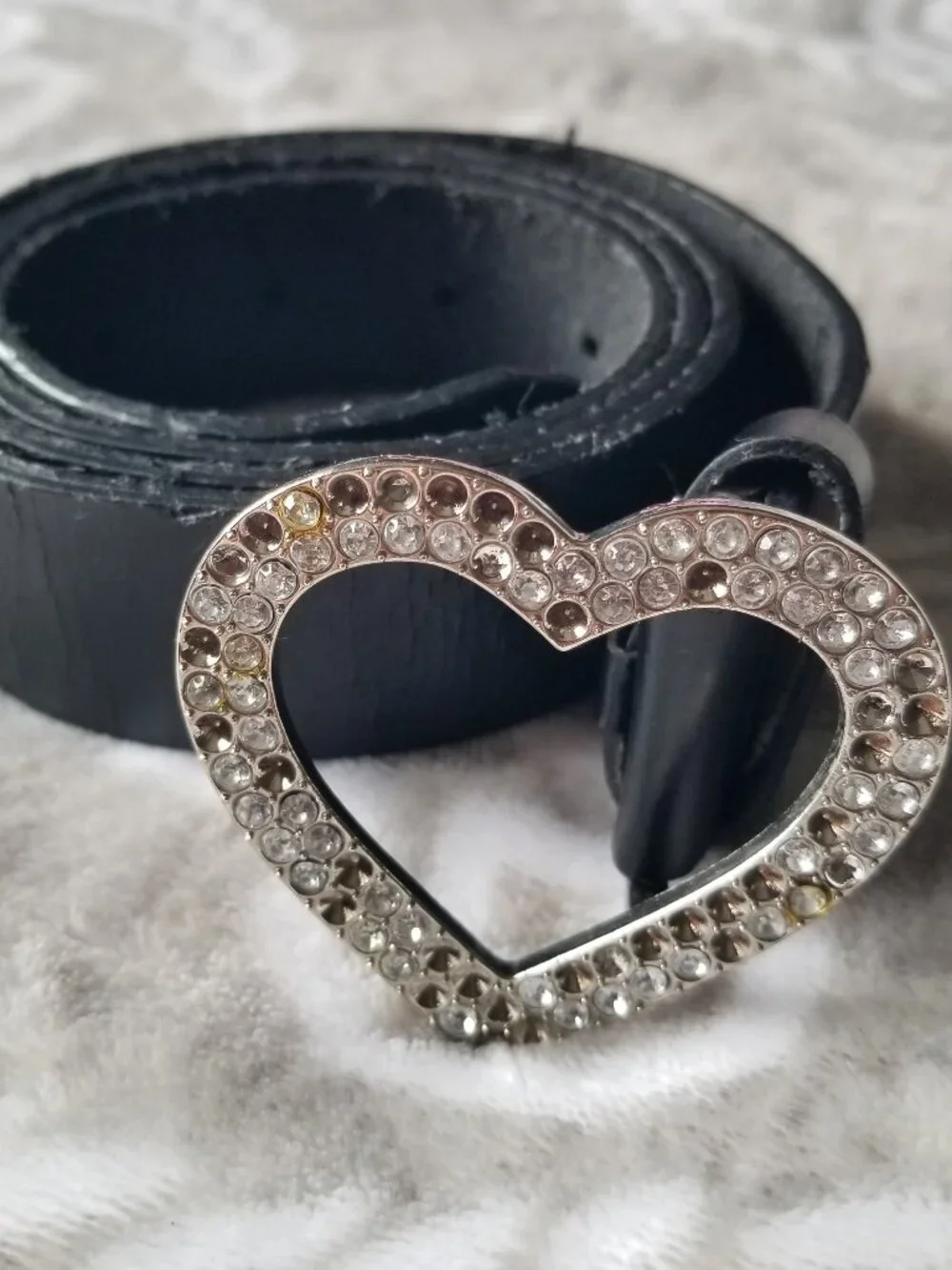 Y2K XOXO Women's Belt Large Black Silver Heart Buckle Rhinestones Leather Vintag